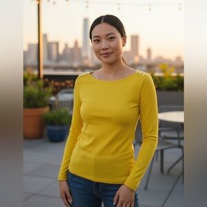 Nordstroms 1901 Button Accent Cotton Knit 3/4 sleeve Top T-Shirt Size S Yellow